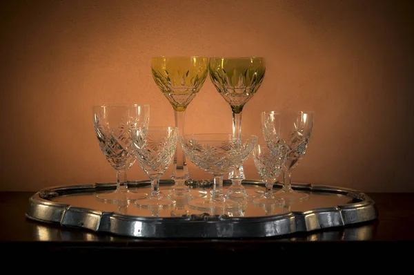 Set of Bohemian Crystal Glasses Including ones for the White Wine of the Rhine on a Silver and Mirror Tra