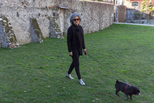 Promenade Femme Avec Chien Verbania Tessin Italie — Photo