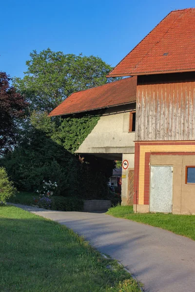 Façade Bâtiment Stable Dans Sud Allemagne Allgau Soirée Été Avec — Photo