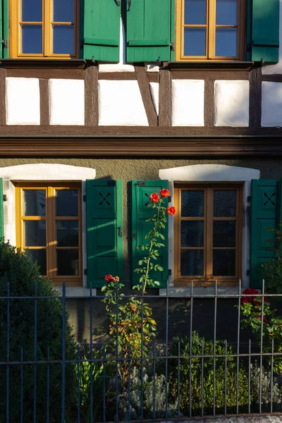 Rosas Rojas Fachada Marco Con Persianas Verdes Ventana Una Soleada —  Fotos de Stock