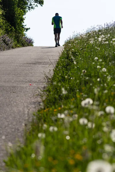 Человек Бежит Гору Весной Утром Сельской Местности Южной Германии — стоковое фото