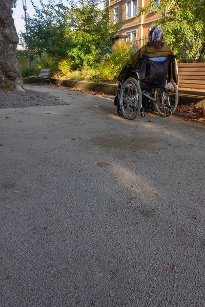 Пожилая Женщина Инвалидной Коляской Солнечный Осенний Вечер Светит Теплым Светом — стоковое фото
