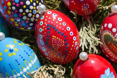 boyalı parlak renkler ve mevsimlik tasarım Çeşme kutlama dekore edilmiş tavuk üstünde Paskalya yortusu yumurta