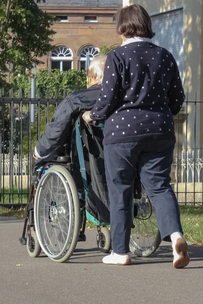 Damen Med Ledande Mannen Rullstolen Stadsparken Hösten Kvällen Södra Tyskland — Stockfoto