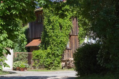 Haziran ayında Güney Almanya çok güneşli bir günde kırsal evleri ve cepheler ağaçlar ve bitkiler küçük köy ve yerler etrafında görmek