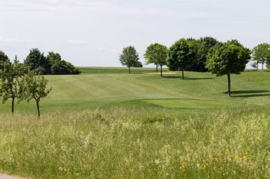 çok güneşli bir Güney Almanya'da golf çim yeşil gördüğünüz ve bayrak ve oyuncular ve kum alanları ve golfplace çevresinde yolu olan mahkeme