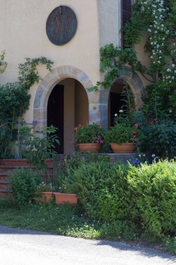 Haziran ayında Güney Almanya çok güneşli bir günde kırsal evleri ve cepheler ağaçlar ve bitkiler küçük köy ve yerler etrafında görmek