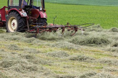 Haziran ayında Güney Almanya çok güneşli bir günde gördüğünüz traktör ve çiftçi kendi hayvanlar yiyecek saman yapma