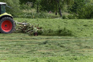Haziran ayında Güney Almanya çok güneşli bir günde gördüğünüz traktör ve çiftçi kendi hayvanlar yiyecek saman yapma