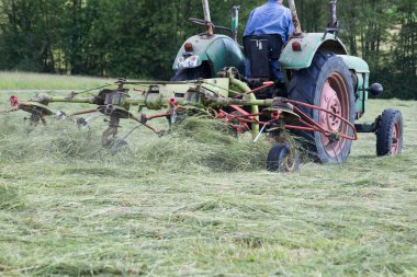 sonu Güney Alman manzara elli yaşındaki makinesinde saman kurutma amacı için dönüşebilir