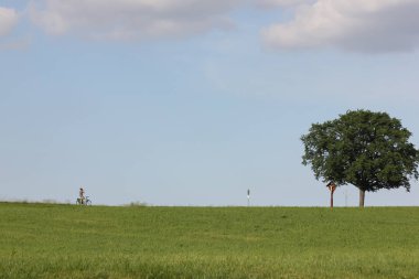Haziran ayında Güney Almanya çok güneşli bir günde ağaç ağaç yakınındaki dini haç ile sürüş bisikletçi görmek