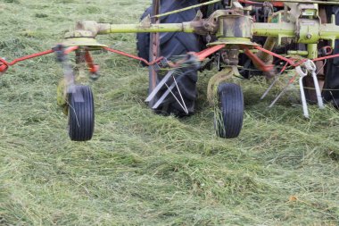 sonu Güney Alman manzara elli yaşındaki makinesinde saman kurutma amacı için dönüşebilir