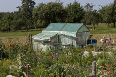 Sen görmek detayları ve çiftlik evinin Bahçe ambiente yazlık ülke çiçek renkleri harika turuncu kırmızı ve pembe ve mavi renkler ile Haziran ayında Güney Almanya çok güneşli bir günde