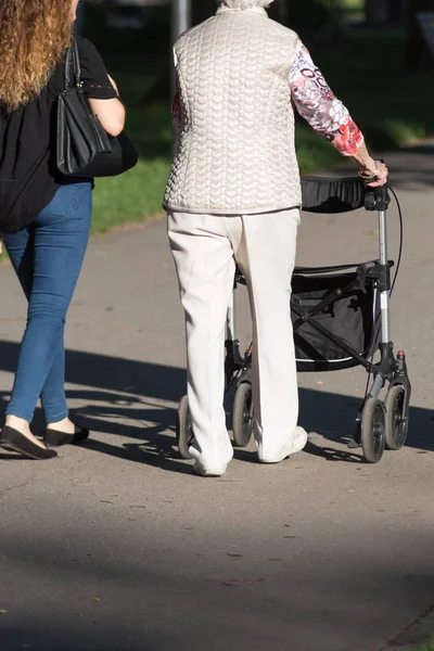 Mycket Solig Dag Juni Södra Tyskland Ser Senior Med Rollatorn — Stockfoto