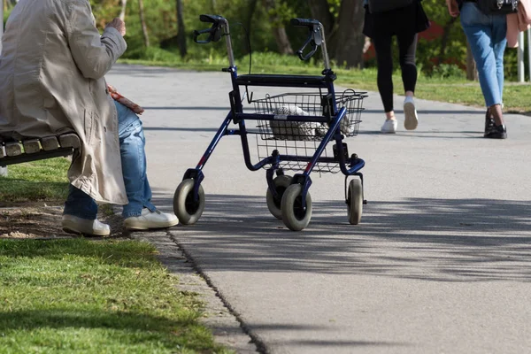 Einem Sonnigen Tag Seniorin Fuß Park Mit Rollator — Stockfoto