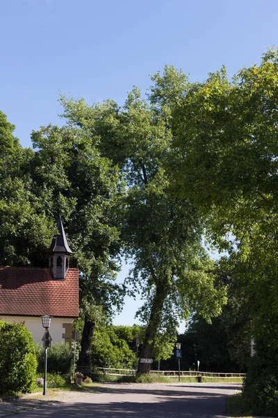 在6月的一个非常阳光明媚的一天 在德国南部 你看到在蓝天下的乡村小教堂和新鲜的绿色和树木作为建筑和细节 如装饰品 — 图库照片