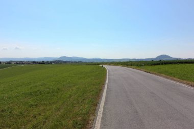 Haziran ayında Güney Almanya çok güneşli bir günde yaz yatay, yeşil ve mavi gökyüzü ve yol işaretleri için ufuk görmek