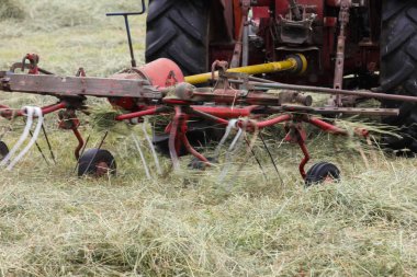 Haziran ayında Güney Almanya çok güneşli bir günde gördüğünüz traktör ve çiftçi kendi hayvanlar yiyecek saman yapma
