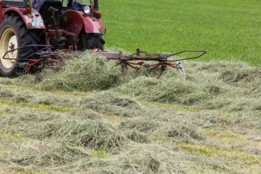 Haziran ayında Güney Almanya çok güneşli bir günde gördüğünüz traktör ve çiftçi kendi hayvanlar yiyecek saman yapma