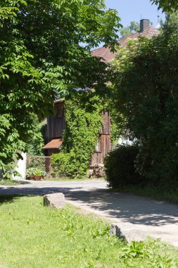 Haziran ayında Güney Almanya çok güneşli bir günde kırsal evleri ve cepheler ağaçlar ve bitkiler küçük köy ve yerler etrafında görmek