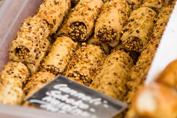 Delicious desserts at street food market in southern Germany.