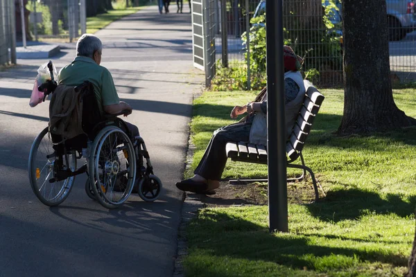 on a evening in june in south germany in center park of a historical city you see couple with wheelchair moving through shadow giving park