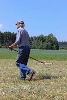 Haziran ayında Güney Almanya çok güneşli bir günde saman, araçları ve mavi pantolon gün sona ermeden işi için çalışkan çiftçi haying görüşürüz