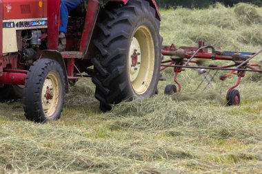 Haziran ayında Güney Almanya çok güneşli bir günde gördüğünüz traktör ve çiftçi kendi hayvanlar yiyecek saman yapma