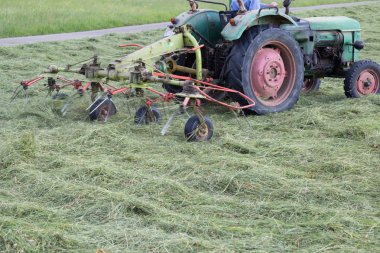 sonu Güney Alman manzara elli yaşındaki makinesinde saman kurutma amacı için dönüşebilir