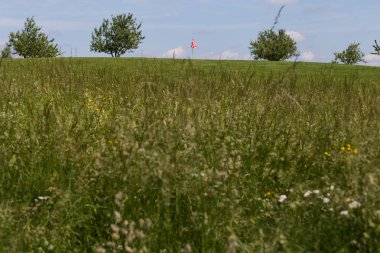 çok güneşli bir Güney Almanya'da golf çim yeşil gördüğünüz ve bayrak ve oyuncular ve kum alanları ve golfplace çevresinde yolu olan mahkeme