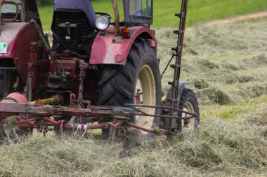 Haziran ayında Güney Almanya çok güneşli bir günde gördüğünüz traktör ve çiftçi kendi hayvanlar yiyecek saman yapma