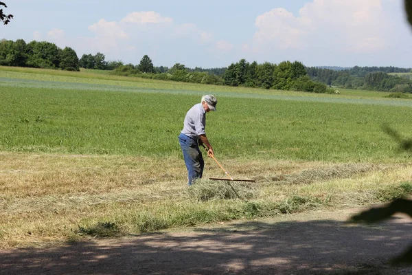 Einem Sonnigen Junitag Süddeutschland Sieht Man Heu Heugeräte Und Bauern — Stockfoto