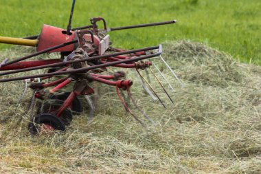 Haziran ayında Güney Almanya çok güneşli bir günde gördüğünüz traktör ve çiftçi kendi hayvanlar yiyecek saman yapma
