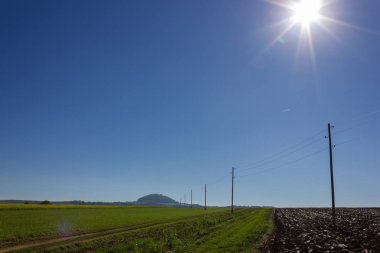hasat alan ve acre telgraf direkleri city stuttgart yakınındaki güney Almanya kırsalında mavi gökyüzü ile güneşli bir sonbahar gününde yanında