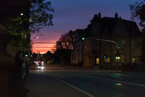 October Fall Evening Buildings Lightened Windows Streets Sky Illuminated Rainbow — Stock Photo, Image