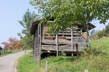 Güney Alman kırsal Eylül düşüşü ve ahşap eldered plakalar gri rengini içinde ahşap kulübe