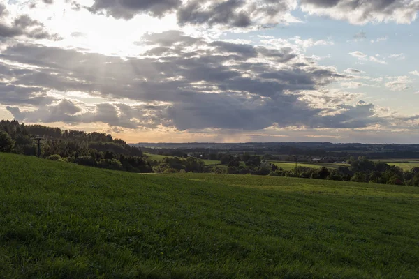 Pôr Sol Noite Setembro Sobre Paisagem Rural Campo Com Cor — Fotografia de Stock