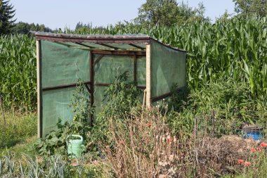 bir kulübede bir sıcak yaz gününde çeşitli kulübe Bahçe ve Güney Almanya stuttgart yakınlarındaki bir alanda depolama ve Bahçe aletleri için küçük göğüsler vardır