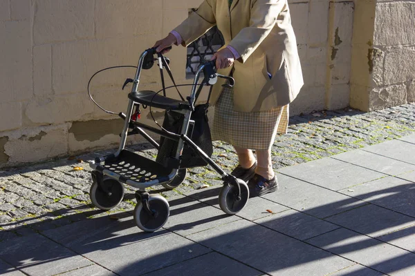 Senior Lady Rollator Walking South German Historical City Nicely Sunny — Stock Photo, Image