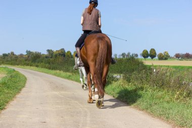 iki Bayan stuttgart şehir ve Münih yakınındaki Güney Alman kırsalında bir güneşli Eylül gününde at binme