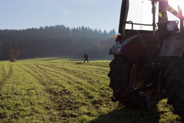 çim sonbahar Kasım güneşli bir günde Münih ve stuttgart yakınındaki Güney Alman kırsalında yan yatan yaşlı çiftçi