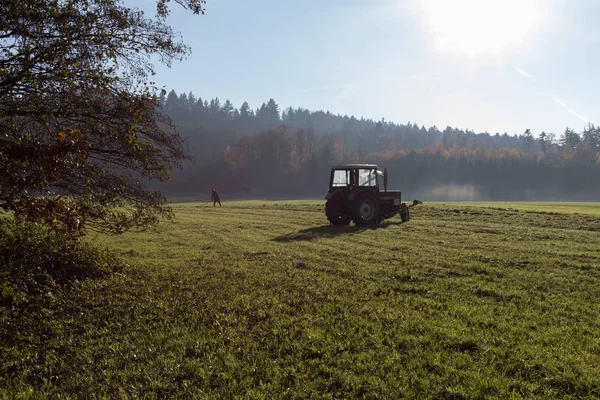 Alter Bauer Harkt Gras Herbst Novembersonniger Tag Süddeutschen Land Der — Stockfoto