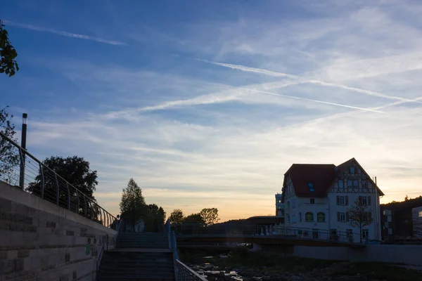 Puesta Sol Sur Alemania Europa Paisaje Urbano Histórico Stuttgart Schwaebischgmuend — Foto de Stock