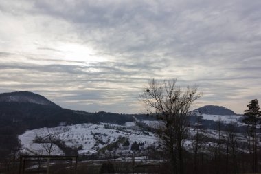 bulutlar kar ve orman ağaçları waldstetten Şubat Köyü ile Doğu Avrupa Rusya Güney Almanya'da stormy rüzgar ile kış manzarası