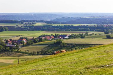 Peyzaj dağlık bahar güneş ışınları yeşil çim ormanlar mavi gökyüzü güney Almanya ile