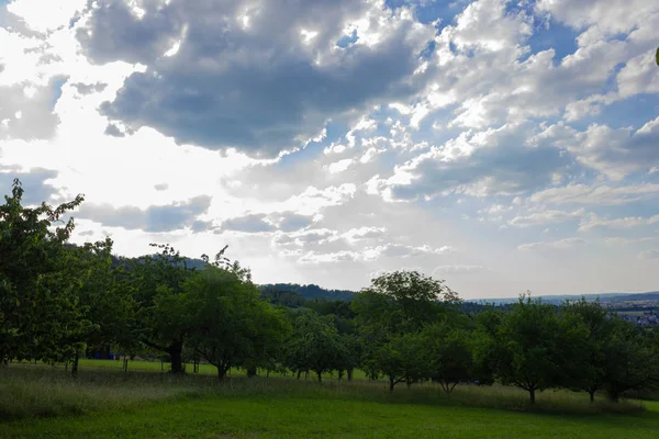 Paisagem Primavera Campos Verdes Com Céu Azul Nuvens Uma Montanha — Fotografia de Stock