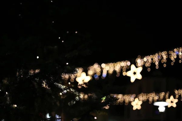 Navidad Llevó Luces Neón Estrellas Árboles Navidad Mercado Histórico Ciudad — Foto de Stock