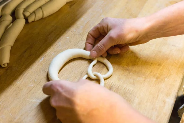 preparation of baked goods in a bakery with tools for preparing pastries