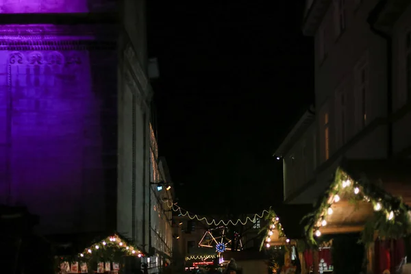 Navidad Llevó Luces Neón Estrellas Árboles Navidad Mercado Histórico Ciudad — Foto de Stock