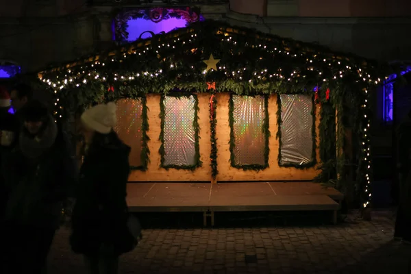 Christmas Led Neon Lights Stars Xmas Trees Historical City Market — Stock Photo, Image